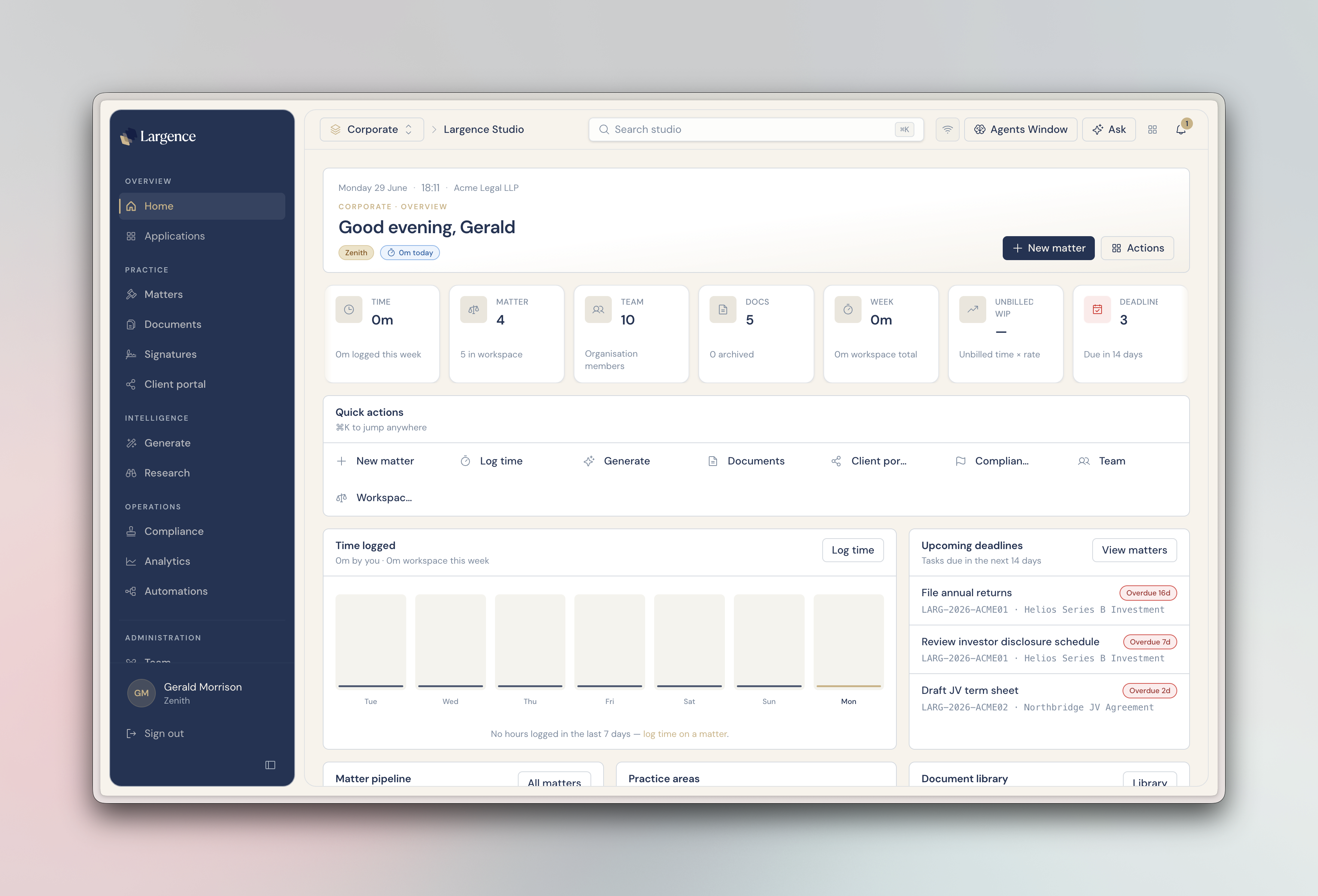 Largence in action: drafting, matters, and AI assistance in one workspace